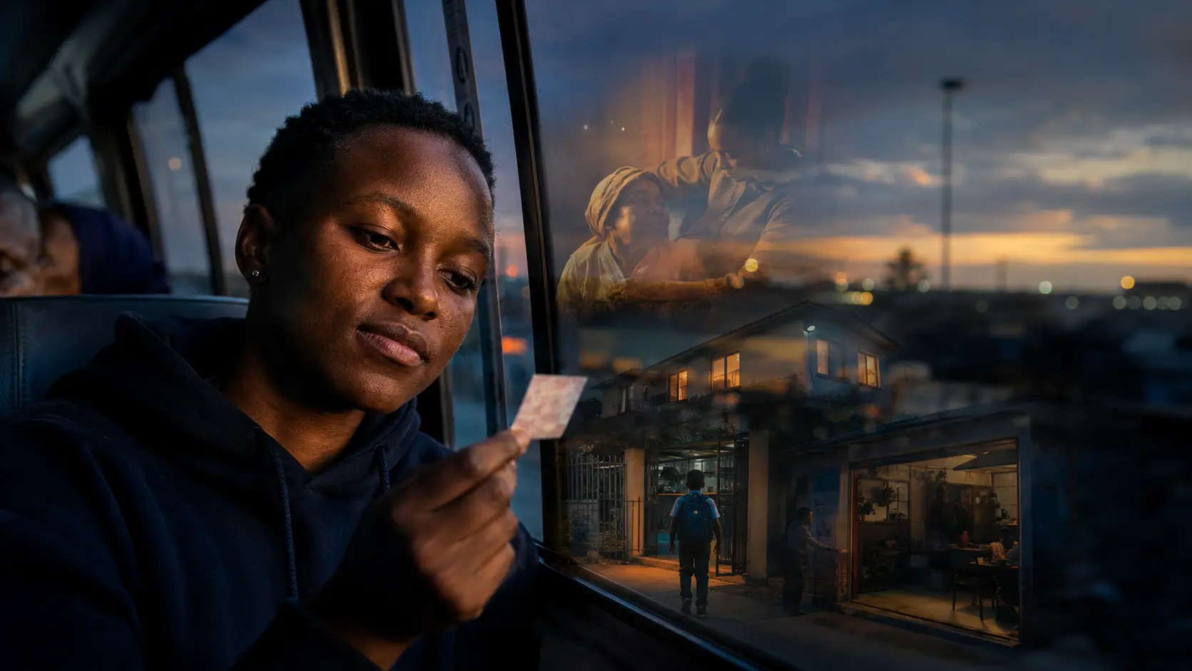 Conceptual illustration of a lottery player on a bus imagining family, home and possibility