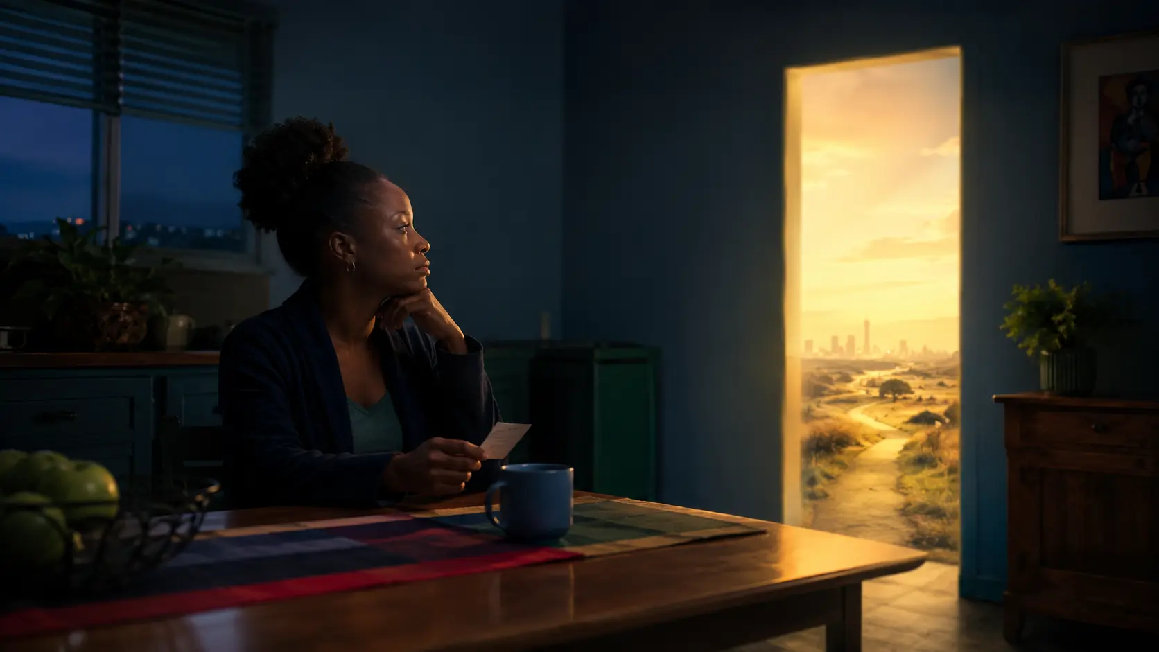 Conceptual illustration of a woman holding a lottery ticket while looking towards an open, sunlit future
