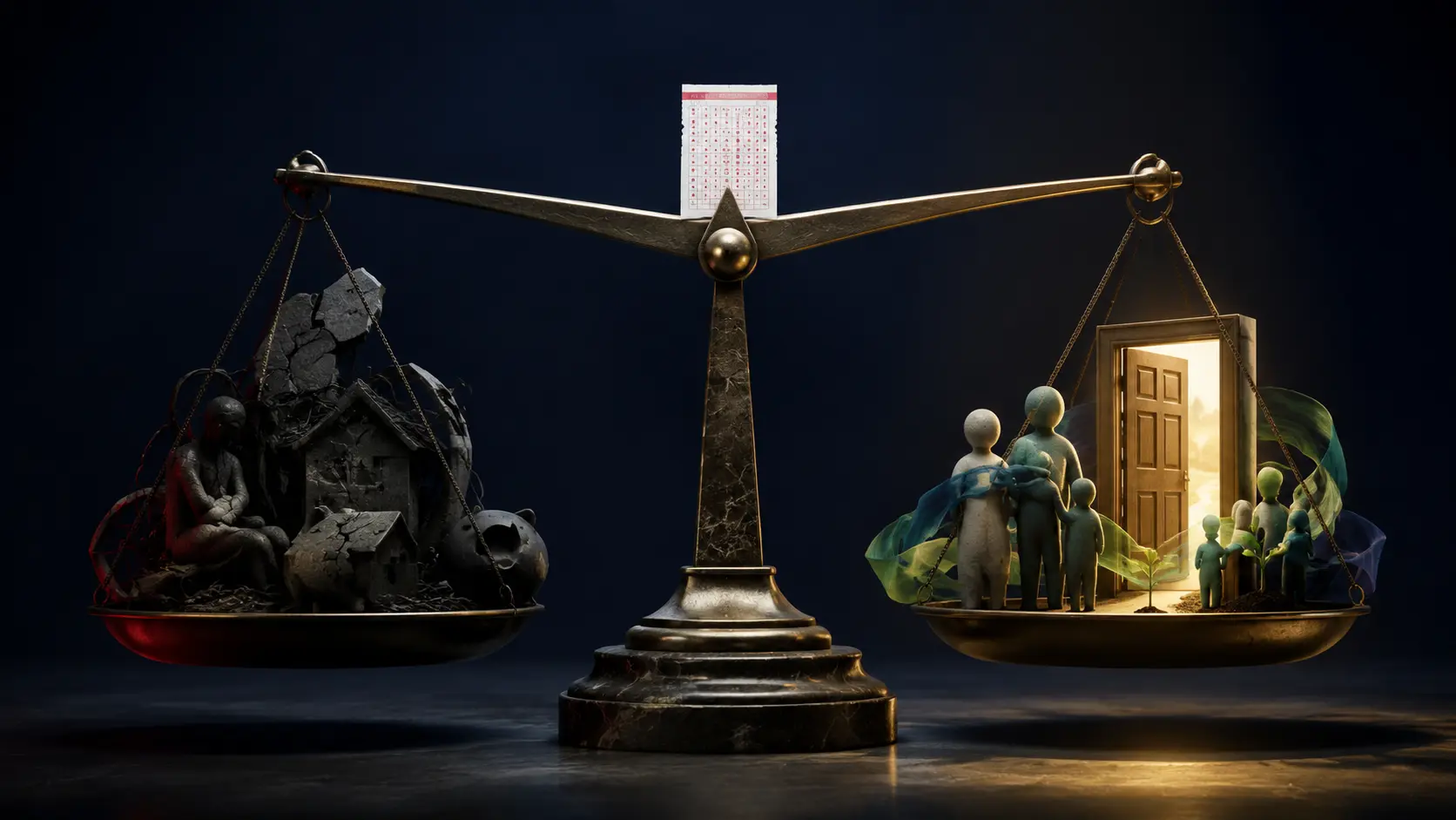 Conceptual balance weighing deprivation against family, opportunity and a possible future