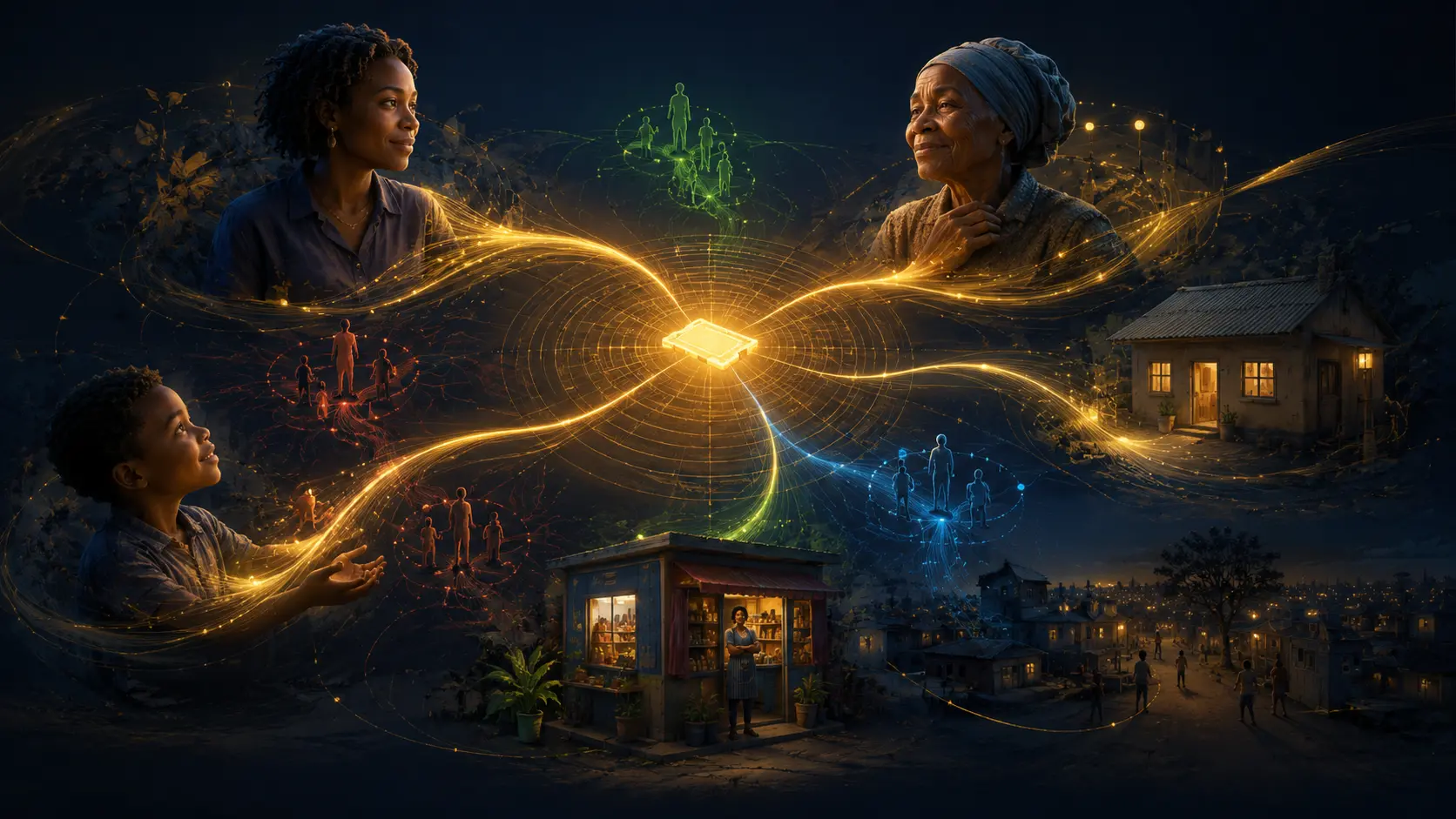 Conceptual illustration of a lottery ticket connecting family, household, enterprise and community futures