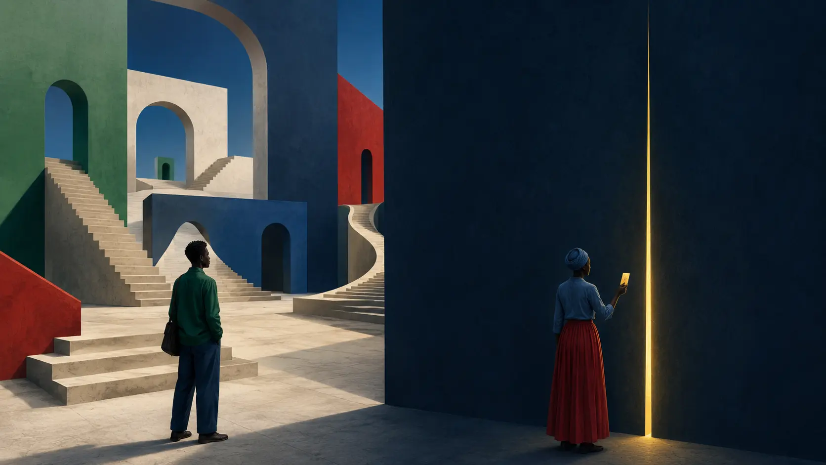 Conceptual illustration contrasting many routes forward with a single narrow opening