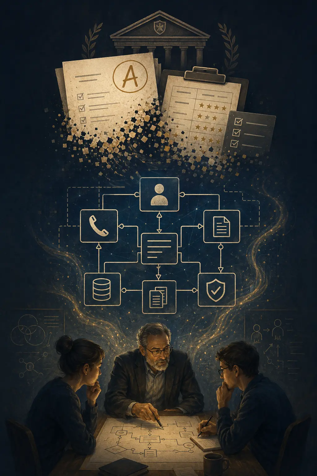 Conceptual illustration of a student, grades and a network of deeper capability