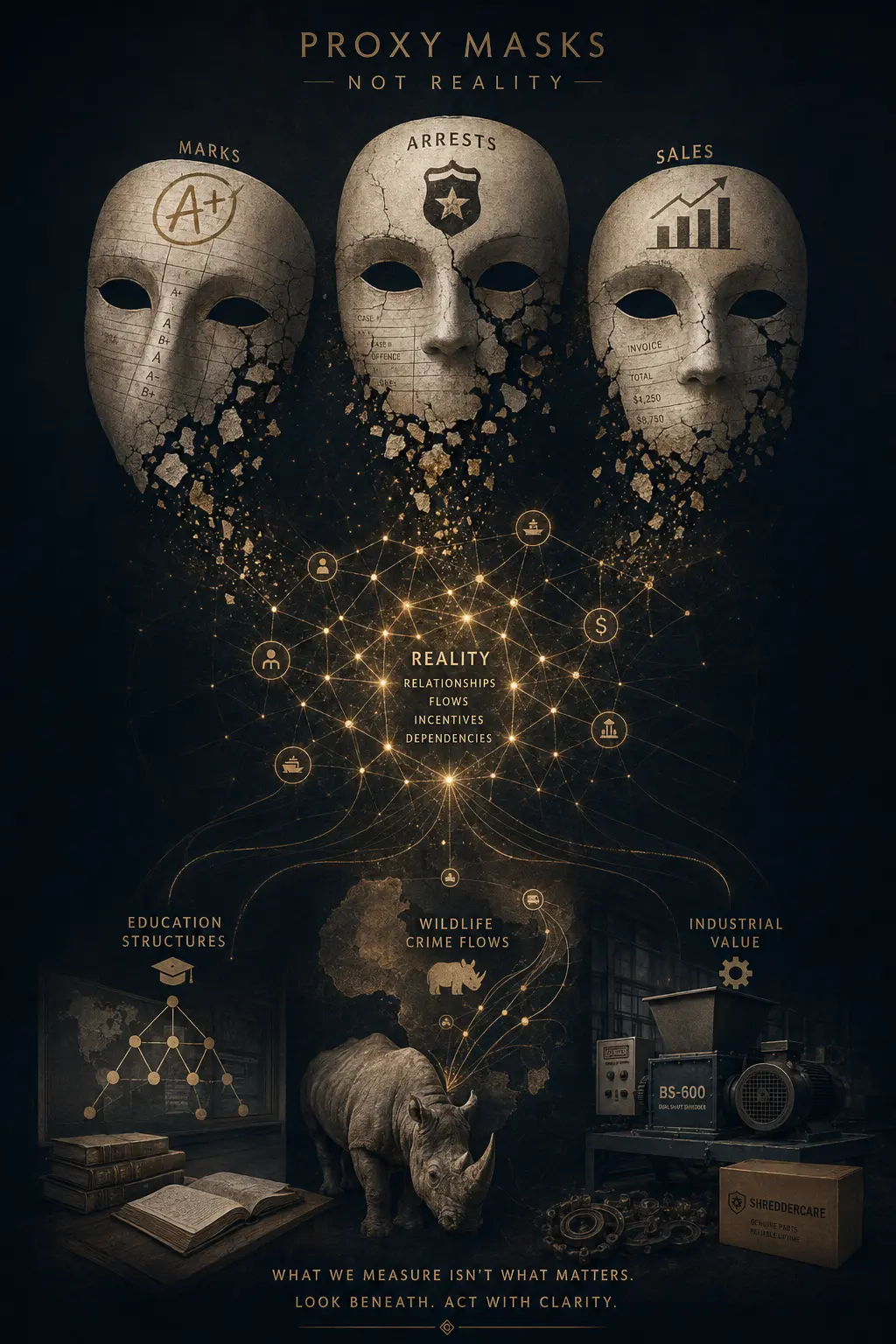 Conceptual masks representing grades, arrests and sales