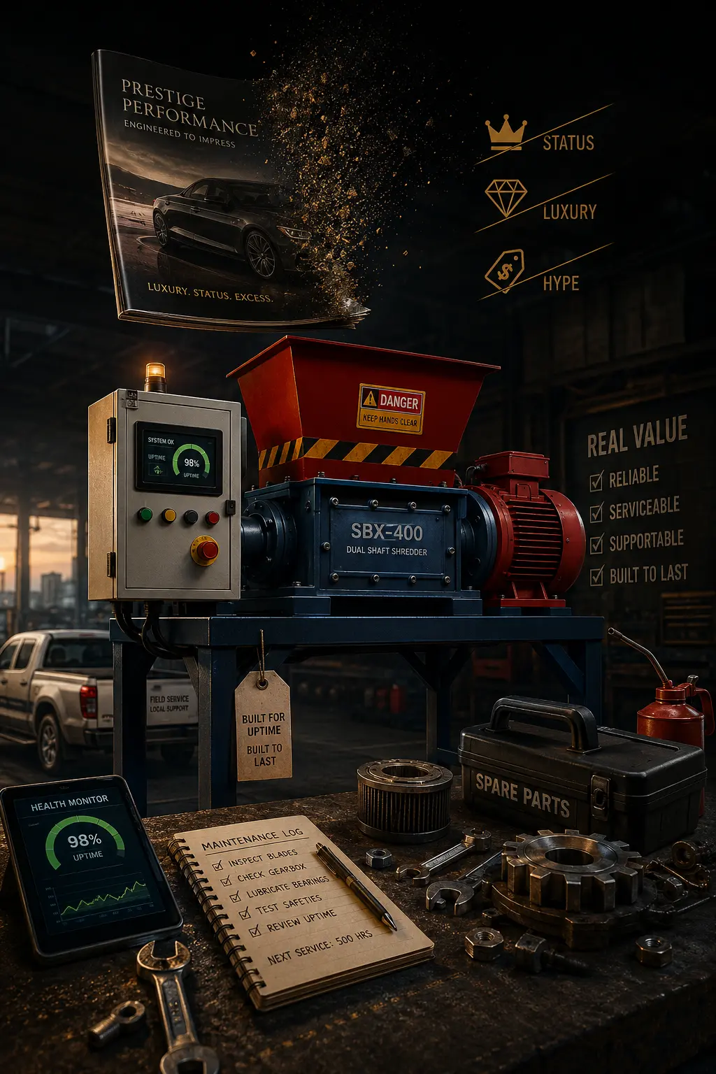 Conceptual industrial shredder surrounded by value and service relationships