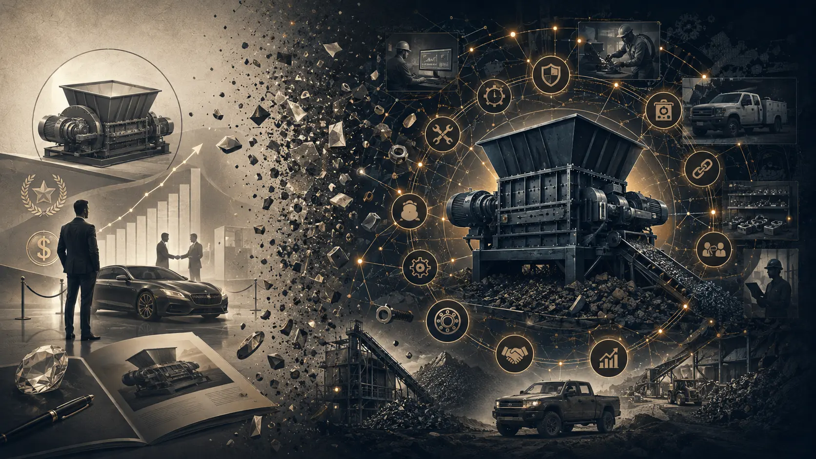 Conceptual collage of industrial machinery, customers and system relationships