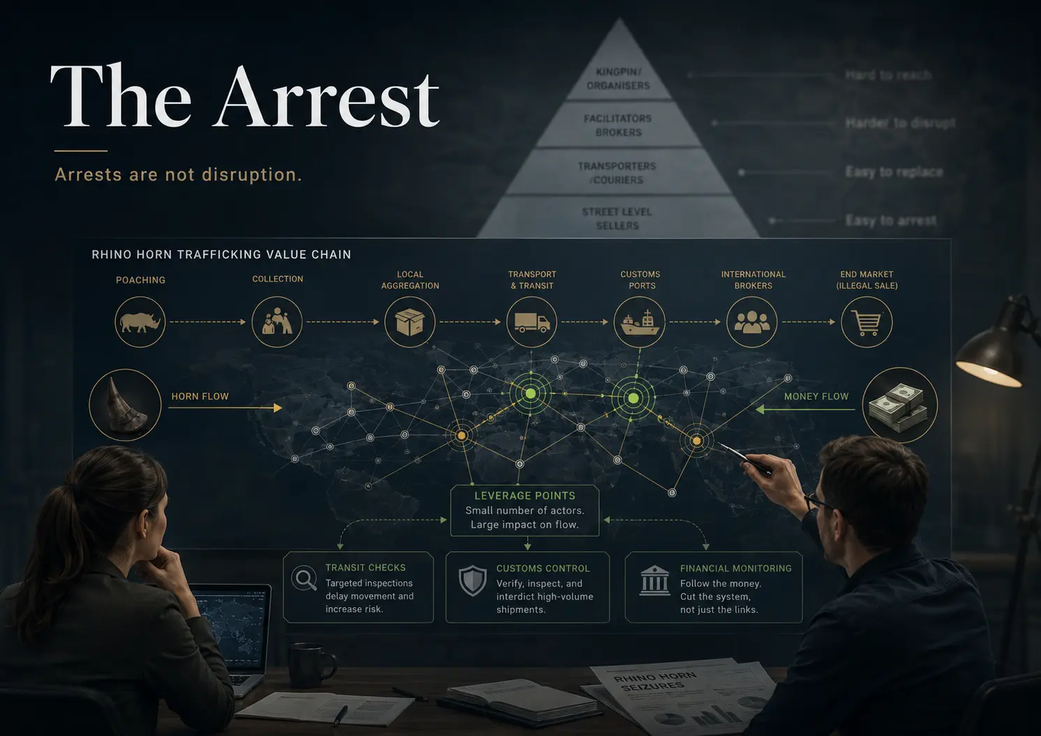 The Arrest conceptual illustration: a wildlife trafficking network and intervention points