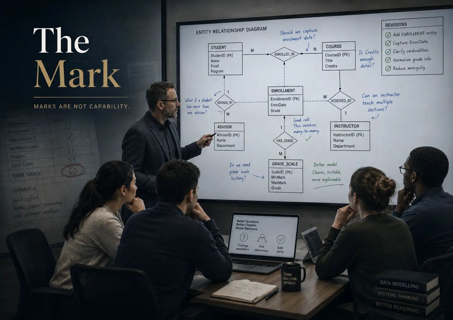 The Mark conceptual illustration: students examining an entity relationship model