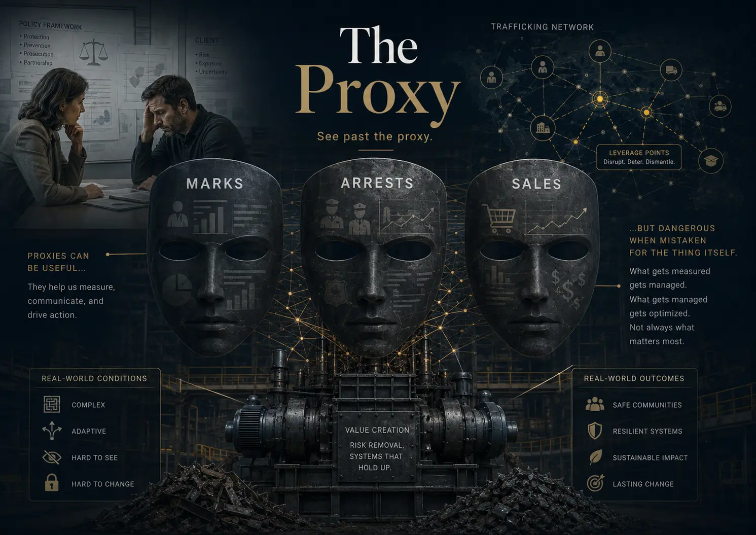 Proxy Masks conceptual illustration representing grades, arrests and sales