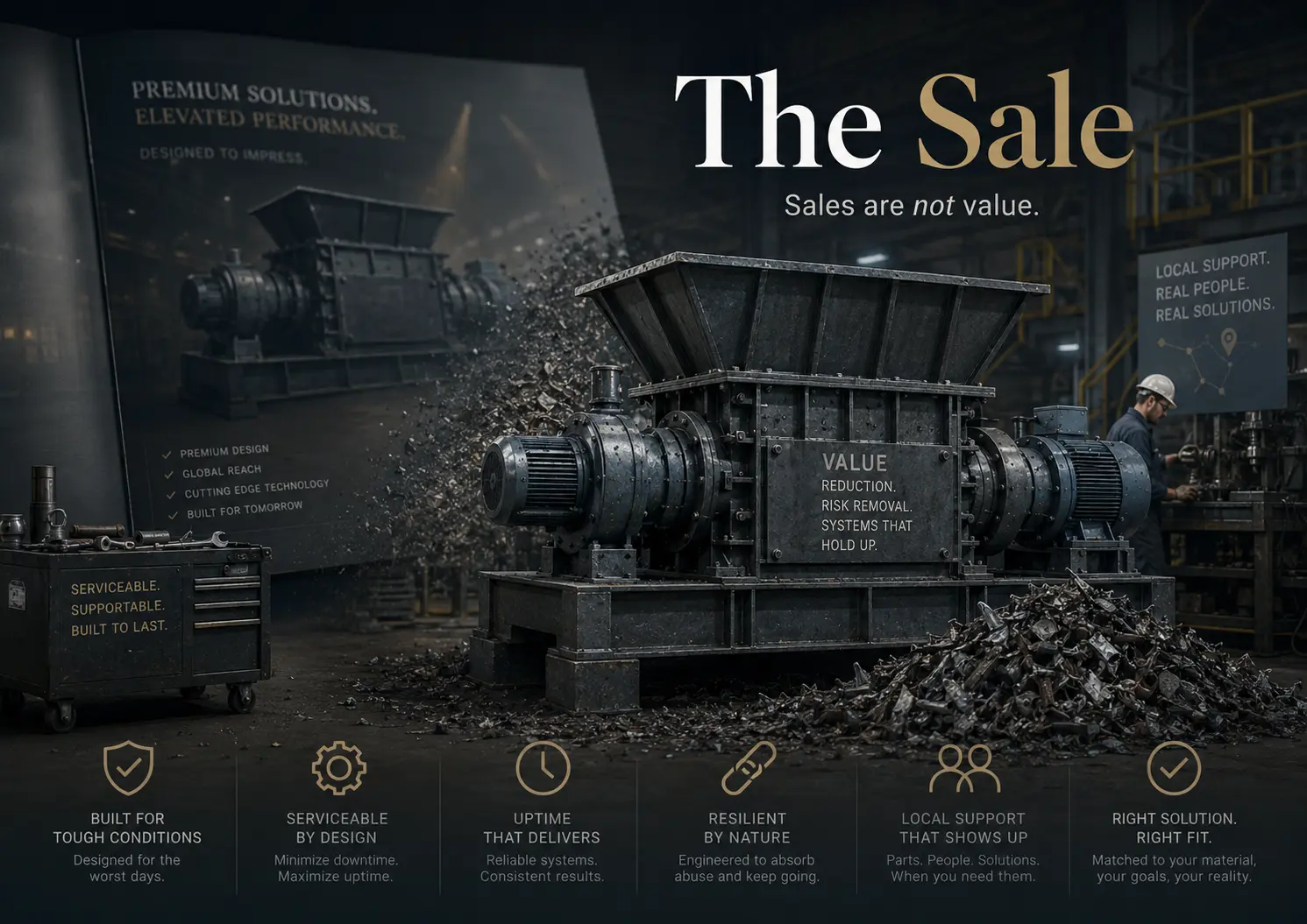 The Sale conceptual illustration: an industrial shredder and its operational value system